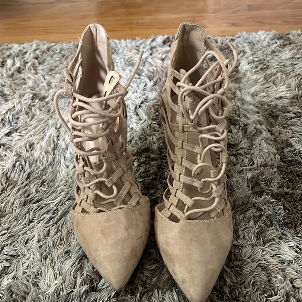 Wild Dive Lounge Nude Suede Pointed Net Heels